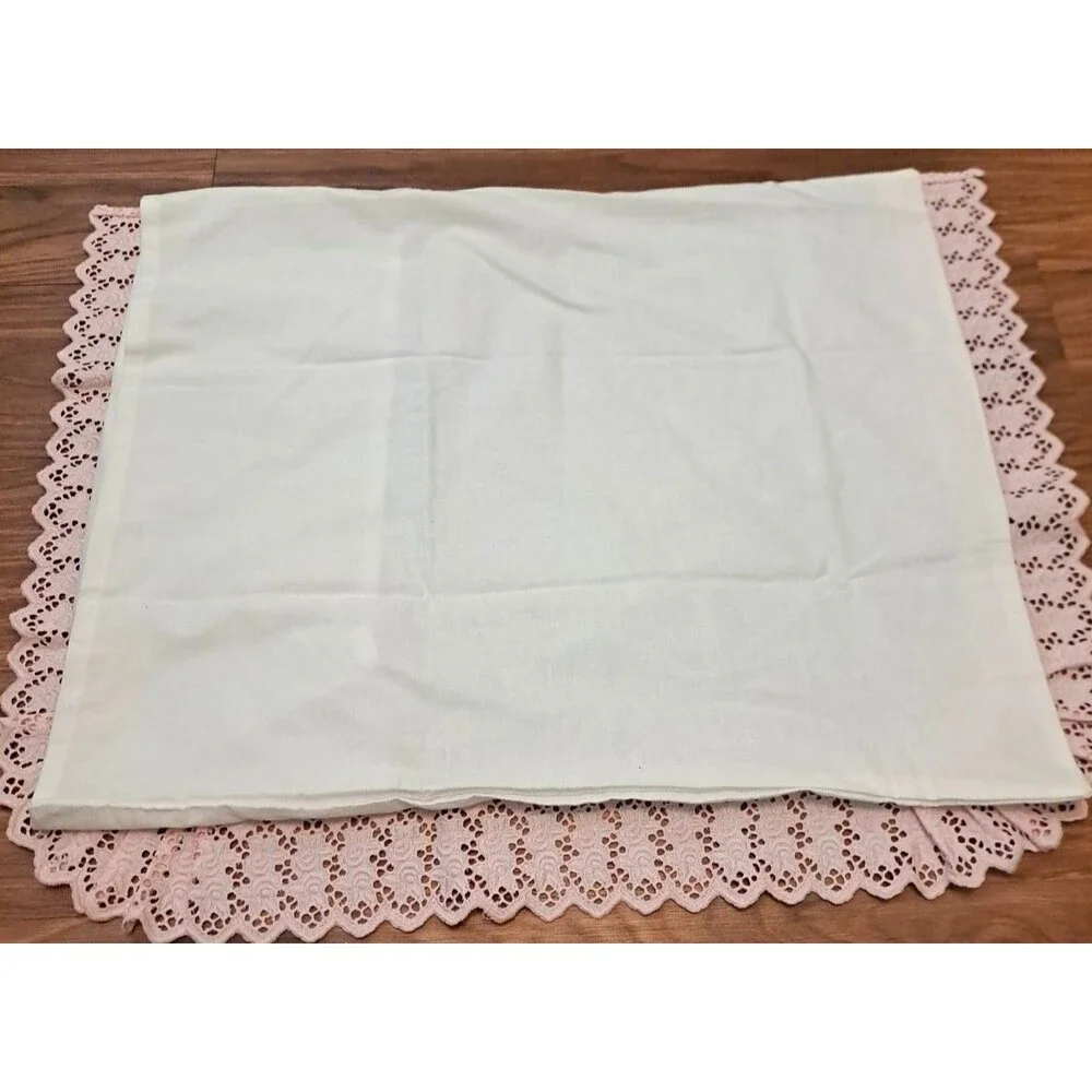 Vintage Ruffled Standard Pillowcase White Pink Lace Edge Portugal Cotton Cottage